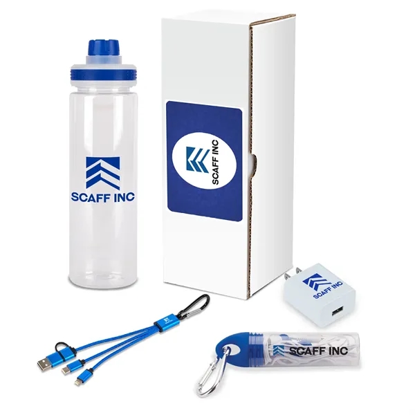 Four-piece tech gift set with earbuds with case and clip, 24-ounce... from ASI 67866 Logomark/Valumark