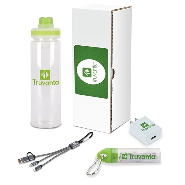 Four-piece tech gift set with earbuds with case and clip, 24-ounce... from ASI 67866 Logomark/Valumark