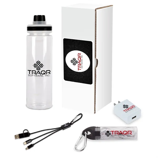 Four-piece tech gift set with earbuds with case and clip, 24-ounce... from ASI 67866 Logomark/Valumark