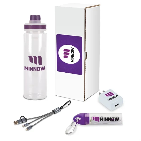 Four-piece tech gift set with earbuds with case and clip, 24-ounce... from ASI 67866 Logomark/Valumark