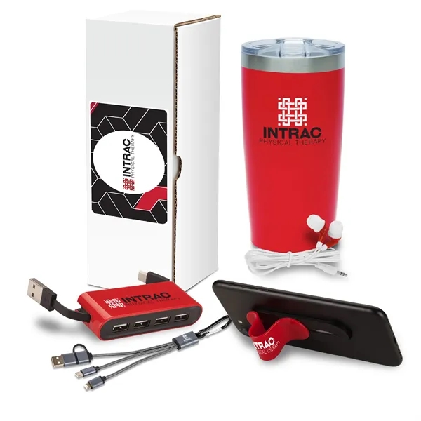 Five-piece gift set with 20 ounce steel drinking tumbler, earbuds, USB... from ASI 67866 Logomark/Valumark