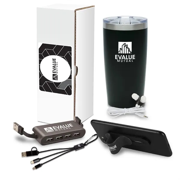 Five-piece gift set with 20 ounce steel drinking tumbler, earbuds, USB... from ASI 67866 Logomark/Valumark
