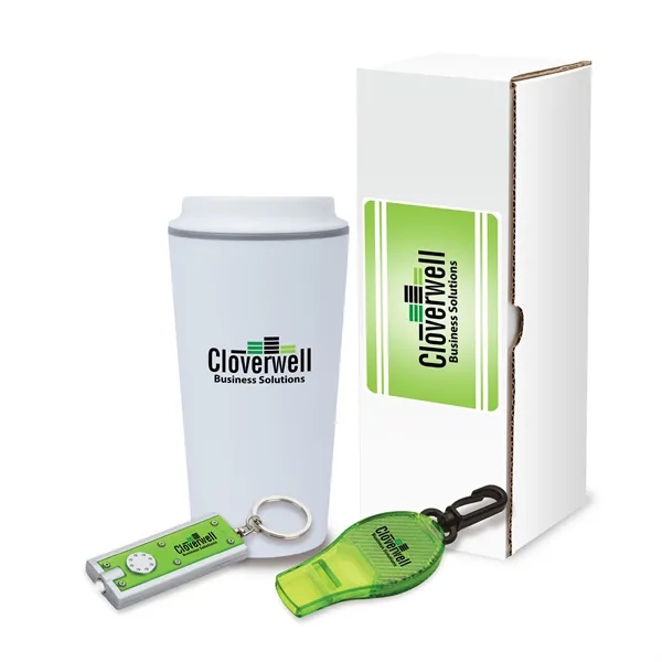Three-piece gift set with 17-oz. polypropylene mug, reflecting safety whistle and... from ASI 67866 Logomark/Valumark