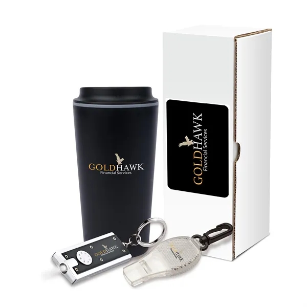 Three-piece gift set with 17-oz. polypropylene mug, reflecting safety whistle and... from ASI 67866 Logomark/Valumark