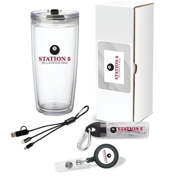 Gift set with 22 oz. tumbler, 2-in-1 charging cable, earbuds with... from ASI 67866 Logomark/Valumark