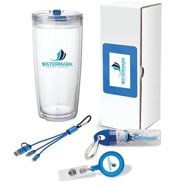 Gift set with 22 oz. tumbler, 2-in-1 charging cable, earbuds with... from ASI 67866 Logomark/Valumark