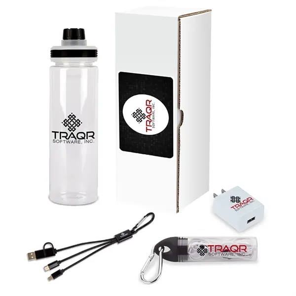 Four-piece tech gift set with earbuds with case and clip, 24-ounce... from ASI 67866 Logomark/Valumark