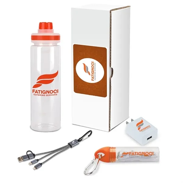 Four-piece tech gift set with earbuds with case and clip, 24-ounce... from ASI 67866 Logomark/Valumark