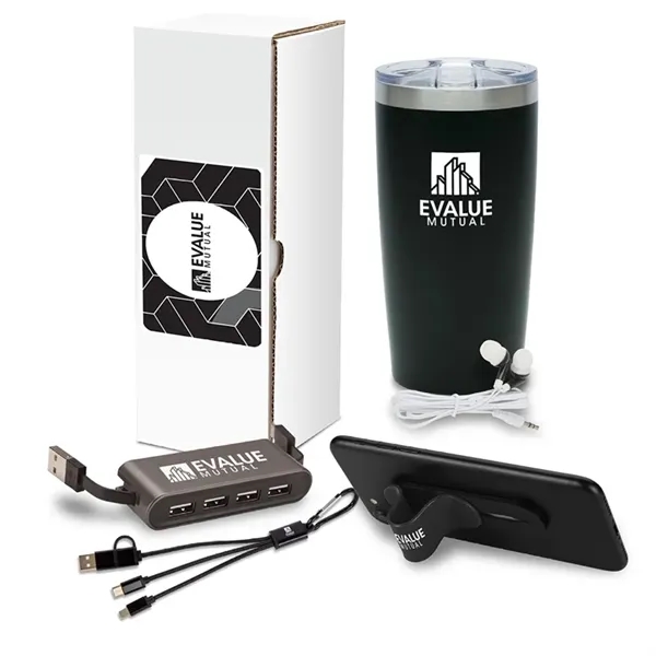 Five-piece gift set with 20 ounce steel drinking tumbler, earbuds, USB... from ASI 67866 Logomark/Valumark