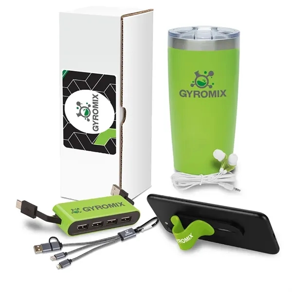 Five-piece gift set with 20 ounce steel drinking tumbler, earbuds, USB... from ASI 67866 Logomark/Valumark