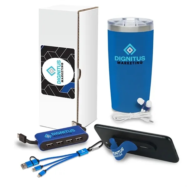 Five-piece gift set with 20 ounce steel drinking tumbler, earbuds, USB... from ASI 67866 Logomark/Valumark