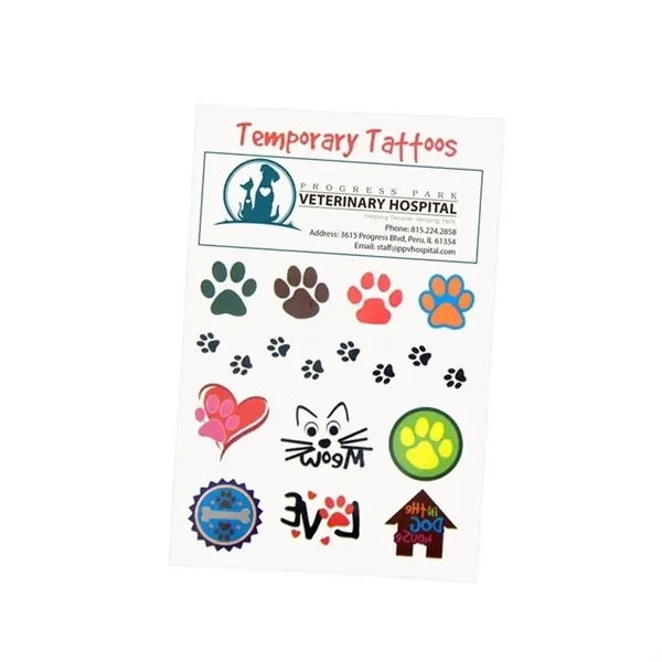 A sheet of 11 pet themed temporary tattoos that are applied... from ASI 54040 Fey Promo