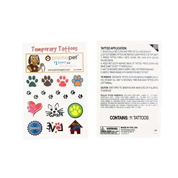 A sheet of 11 pet themed temporary tattoos that are applied... from ASI 54040 Fey Promo