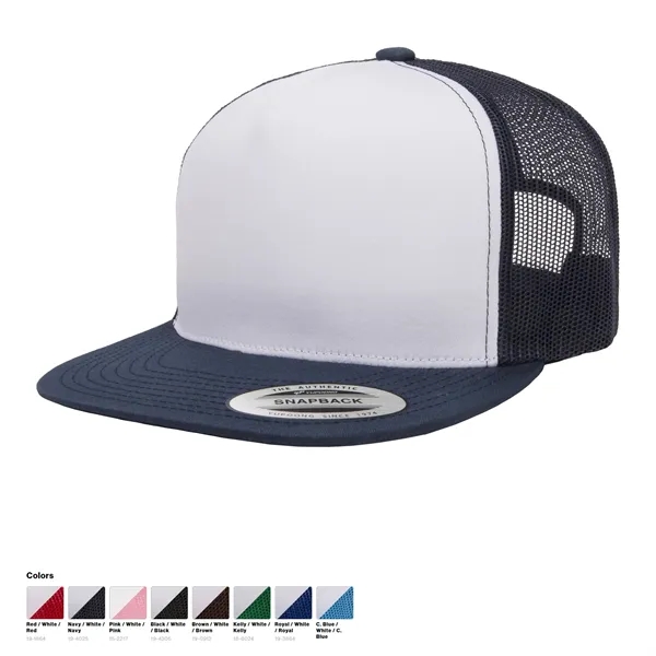 Flexfit white front trucker cap with breathable mesh and imprint-ready design.... from ASI 72657 Active Life Promo / Active Life