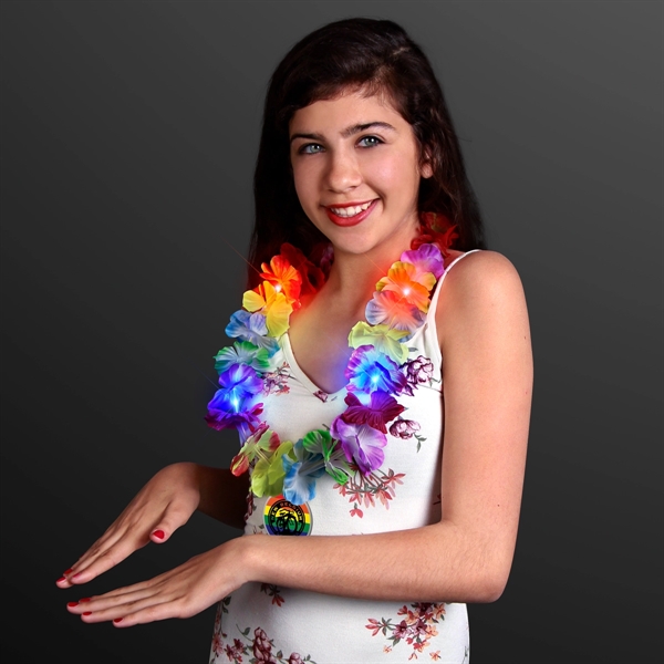 LED Light Up Flashing Rainbow Flower Lei Party Necklaces, Imprinted Medallion... from ASI 34194 ALightPromos / Alight Promotional Products