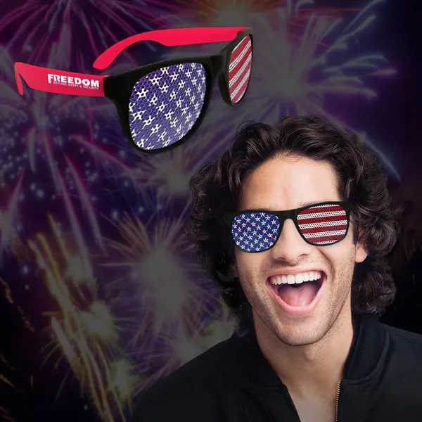 Neon red plastic billboard sunglasses with patriotic American flag design on... from ASI 42016 Brighter Promotions Inc