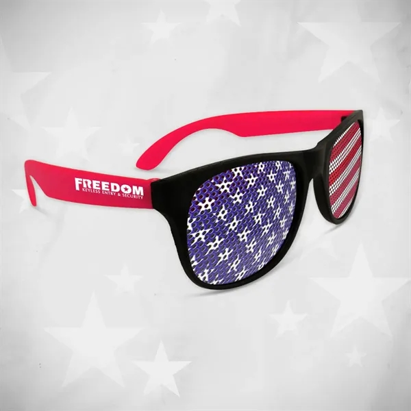 Neon red plastic billboard sunglasses with patriotic American flag design on... from ASI 42016 Brighter Promotions Inc