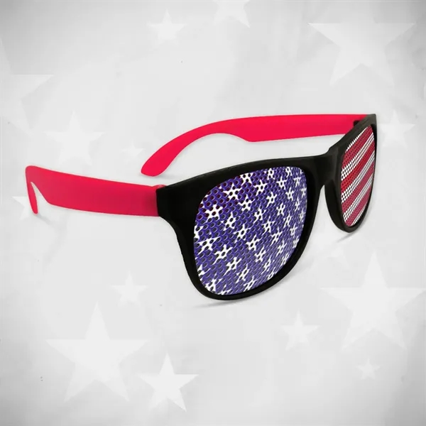 Neon red plastic billboard sunglasses with patriotic American flag design on... from ASI 42016 Brighter Promotions Inc