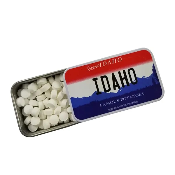 Slider tin filled with appx. 0.56 oz. of mints.... from ASI 44900 NC Custom (CI/Lanco) / Chocolate Inn