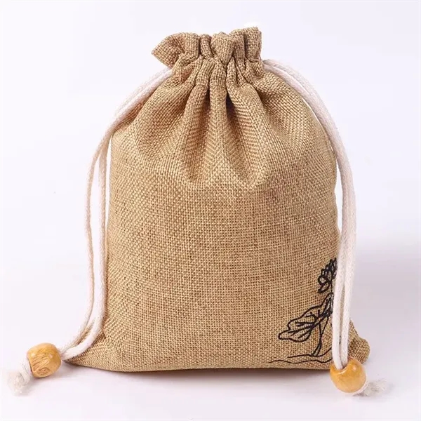 Item #160086 Burlap Drawstring Pouch With Wooden Beads Decor