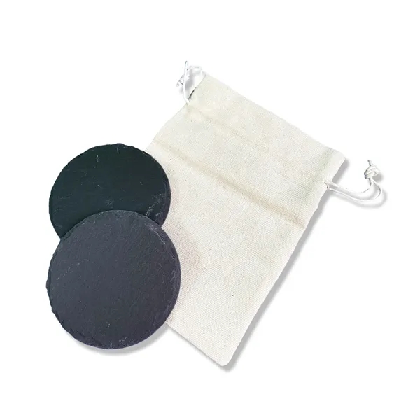 Item #CS507B Round Slate Coaster (set Of 2) In Cotton Bag