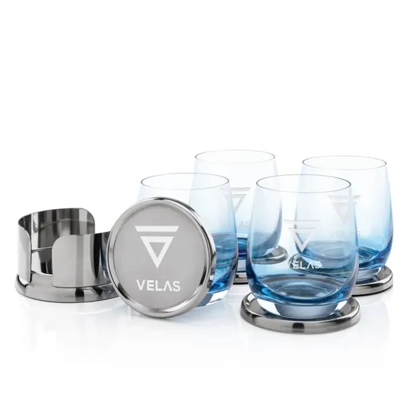 Item #SST1097-SB Baldoni Coasters & Soudan Blue Stemless Wine Set
