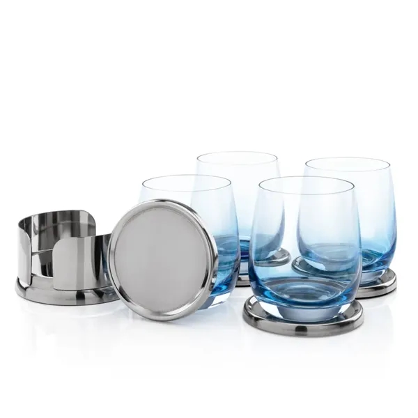 Item #SST1097-SB Baldoni Coasters & Soudan Blue Stemless Wine Set