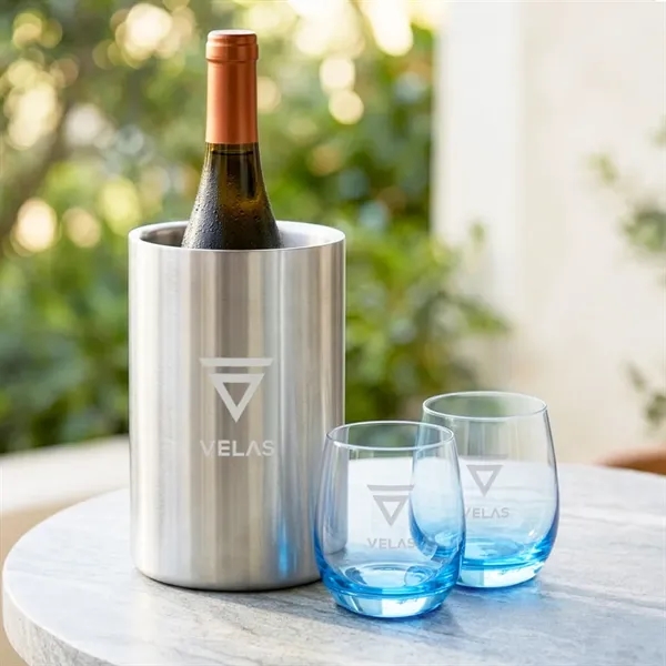 Item #SST8011-SB Jacobs Wine Cooler & Soudan Blue Stemless Wine