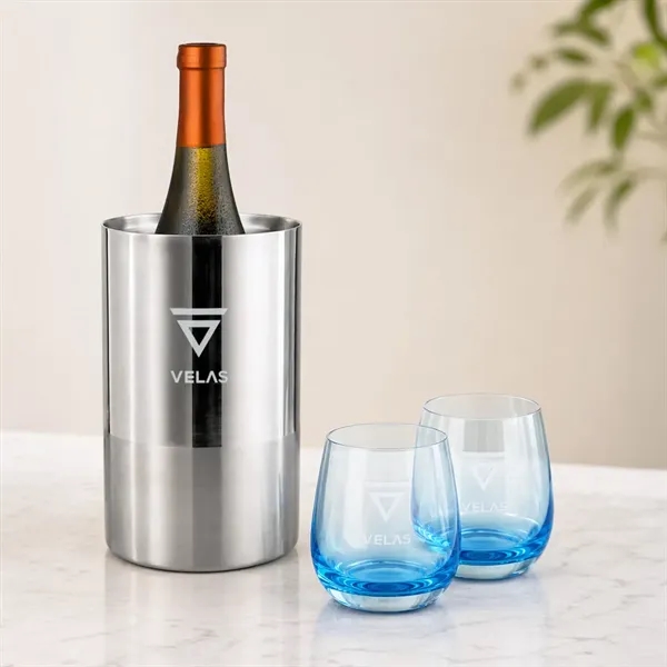 Item #SST10121-SB Catania Wine Cooler & Soudan Blue Stemless Wine