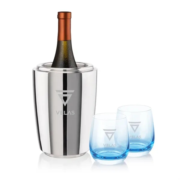 Item #SST10221-SB Pescara Wine Cooler & Soudan Blue Stemless Wine