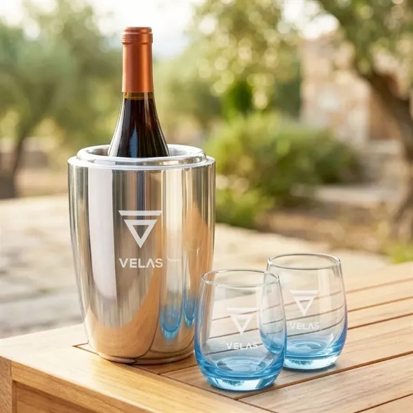 Item #SST10221-SB Pescara Wine Cooler & Soudan Blue Stemless Wine