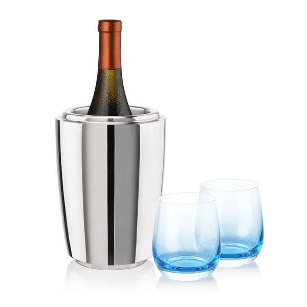 Item #SST10221-SB Pescara Wine Cooler & Soudan Blue Stemless Wine