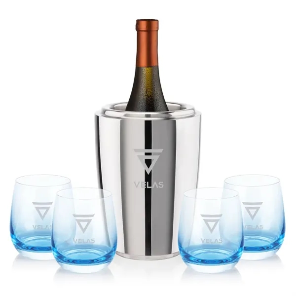 Item #SST10221-SB Pescara Wine Cooler & Soudan Blue Stemless Wine