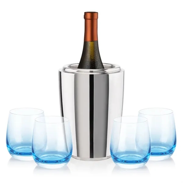 Item #SST10221-SB Pescara Wine Cooler & Soudan Blue Stemless Wine