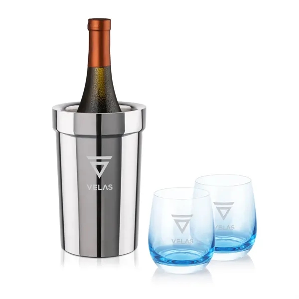 Item #SST10321-SB Milano Wine Cooler & Soudan Blue Stemless Wine
