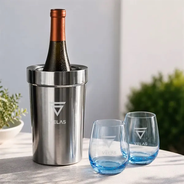 Item #SST10321-SB Milano Wine Cooler & Soudan Blue Stemless Wine