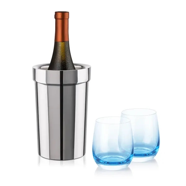 Item #SST10321-SB Milano Wine Cooler & Soudan Blue Stemless Wine