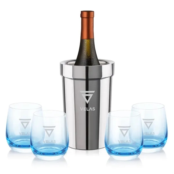 Item #SST10321-SB Milano Wine Cooler & Soudan Blue Stemless Wine