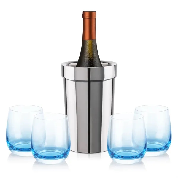 Item #SST10321-SB Milano Wine Cooler & Soudan Blue Stemless Wine
