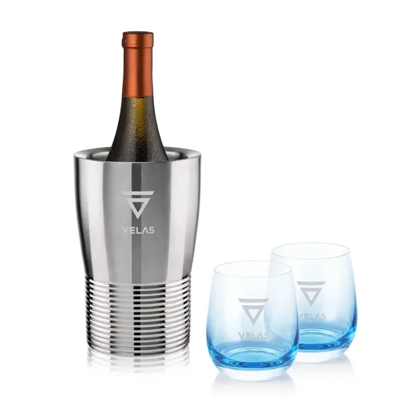Item #SST10421-SB Genoa Wine Cooler & Soudan Blue Stemless Wine