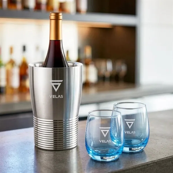 Item #SST10421-SB Genoa Wine Cooler & Soudan Blue Stemless Wine