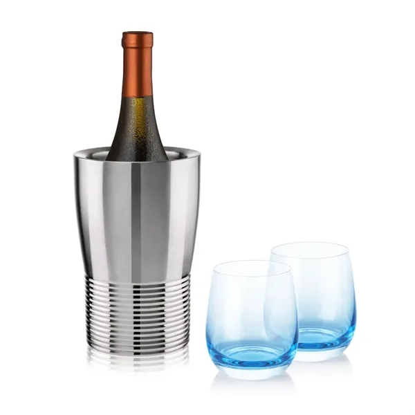 Item #SST10421-SB Genoa Wine Cooler & Soudan Blue Stemless Wine