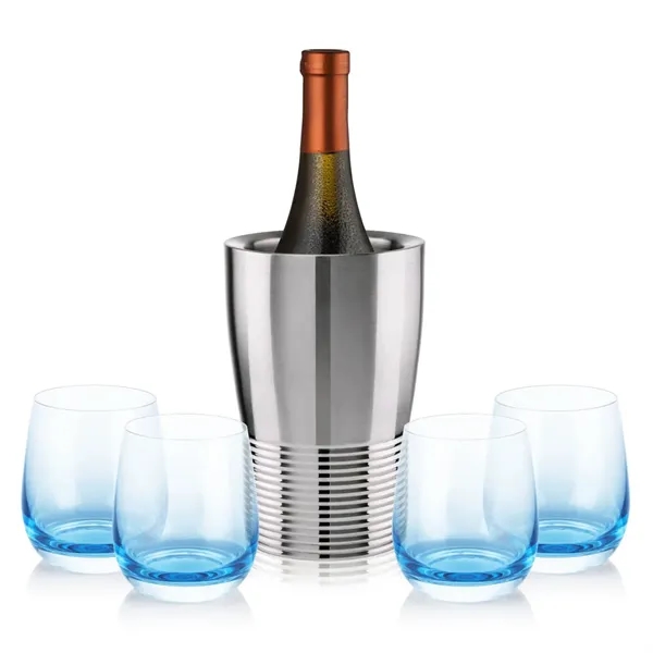 Item #SST10421-SB Genoa Wine Cooler & Soudan Blue Stemless Wine