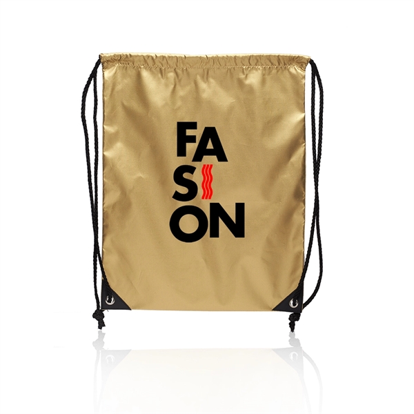 Metallic finish shiny drawstring bag with contrasting PU leather reinforcement with... from ASI 39552 BEL Promo