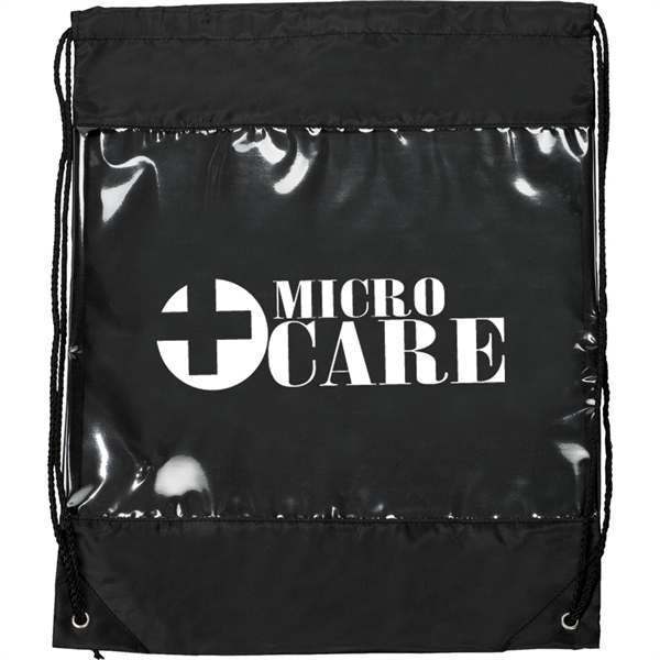 Drawstring backpack with a clear safety window, stitched seams, and reinforced... from ASI 54100 Fields Manufacturing Inc / TargetLine®