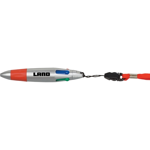 Four-color pen with a 30" lanyard featuring a plastic mini breakaway.... from ASI 54100 Fields Manufacturing Inc / TargetLine®