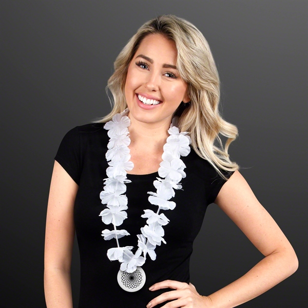White Flower Lei Necklace With White Medallion (Non-Light Up). Domestic &... from ASI 34194 ALightPromos / Alight Promotional Products