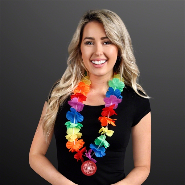 Rainbow Flowers Lei Necklaces with Red Medallion (Non-Light Up). Domestic &... from ASI 34194 ALightPromos / Alight Promotional Products