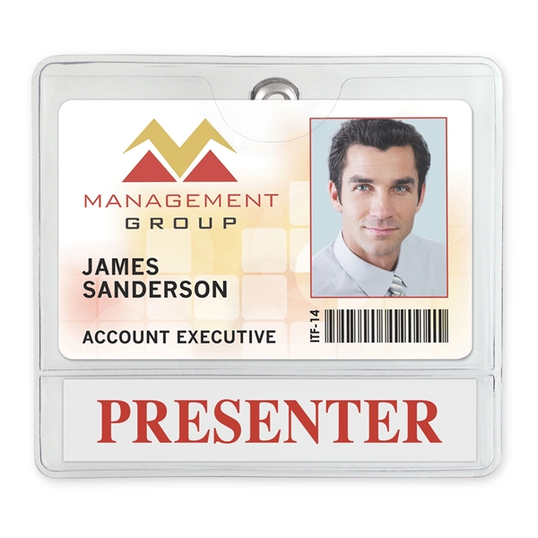 Display-style, clip-on badge holder features a business-card-size pocket plus an extra... from ASI 79898 Promovision / PROMOVISION