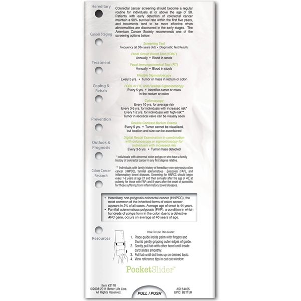 Pocket Slider - Facts About Colon Cancer... from ASI 54100 Fields Manufacturing Inc / Better Life Line